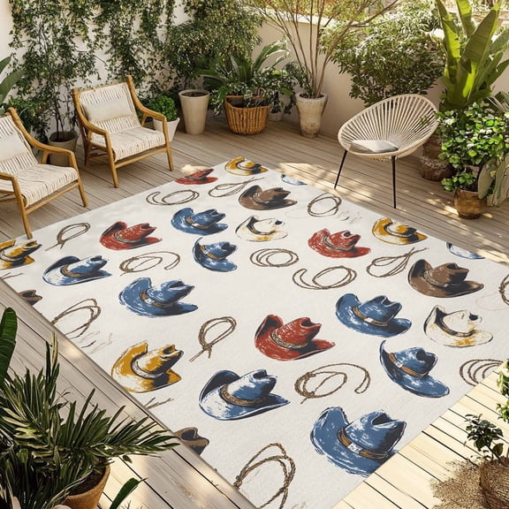 Fsddascl Blue Red Yellow Outdoor Rug for Patio/Deck/Porch, Non-Slip Large Area Rug 4 x 6 Ft, Watercolor Western Cowboy Indoor Outdoor Rugs Washable Area Rugs, Reversible Camping Rug Carpet Runner