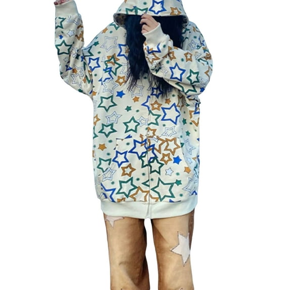 Seyurigaoka Women Juniors Oversized Hoodie Jacket Star Print Hooded Long Sleeve Full-Zipper Sweatshirt Outwear Tops with Pockets for Teen Girls