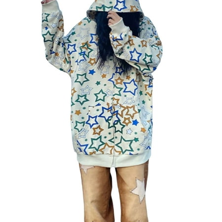 Genuiskids Women Juniors Casual Oversized Hoodie Star Print Hooded Long Sleeve Full-Zipper Sweatshirt with Pockets Streetwear for Teen Girl