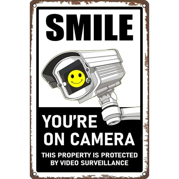 Funny Smile You’re On Camera, This Property Is Protected By Video Surveillance Tin Sign Metal Tin Sign 8x12 Inch