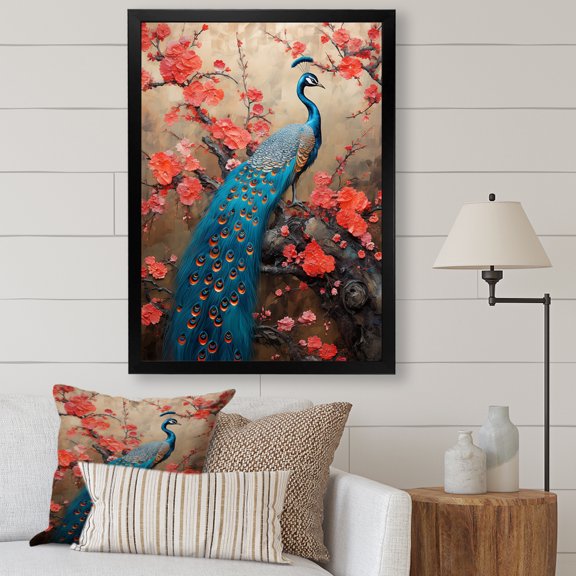 Designart "Royal Peacock with Japanese Floral Design in Blue II" Animals Framed Wall Art - Traditional Blue Peacock Entryway Framed Wall Art