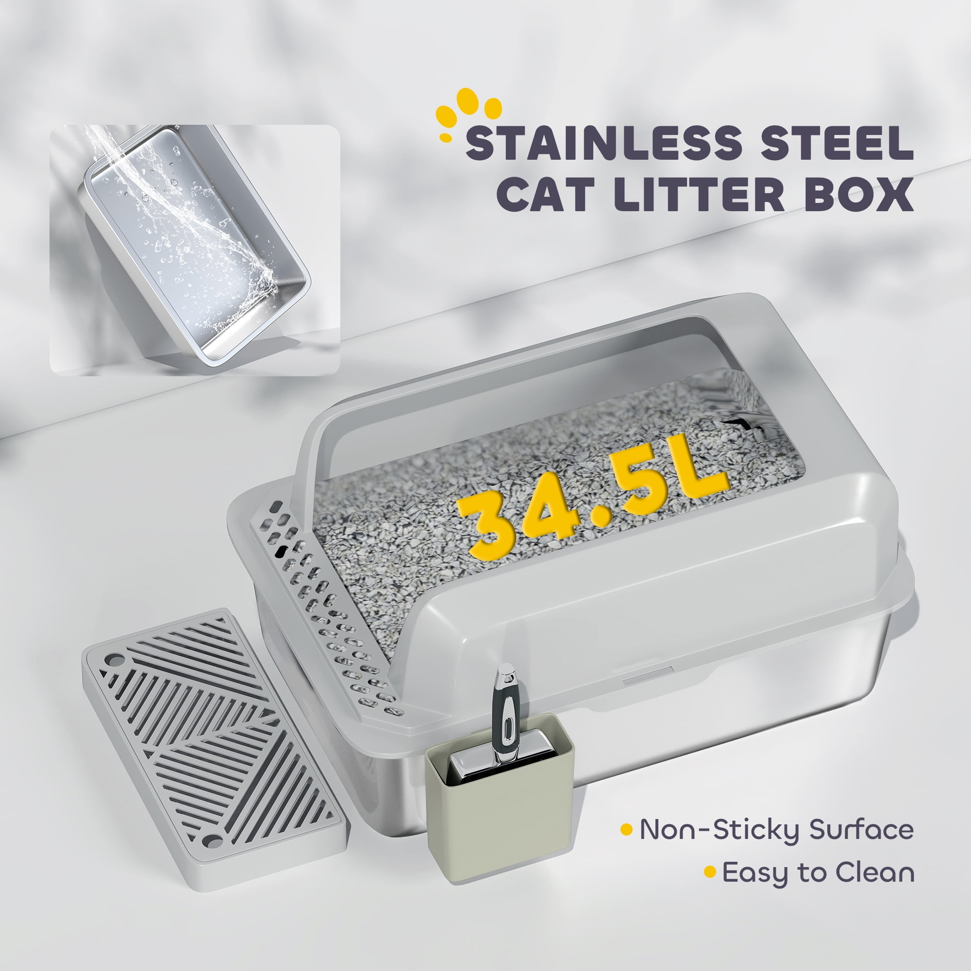PawHut Stainless Steel Litter Box, Metal Litter Box High Sided, Anti-Urine Leakage, Non-Sticky, with Metal Scoop & Scoop Holder, 24" x 16" x 11"