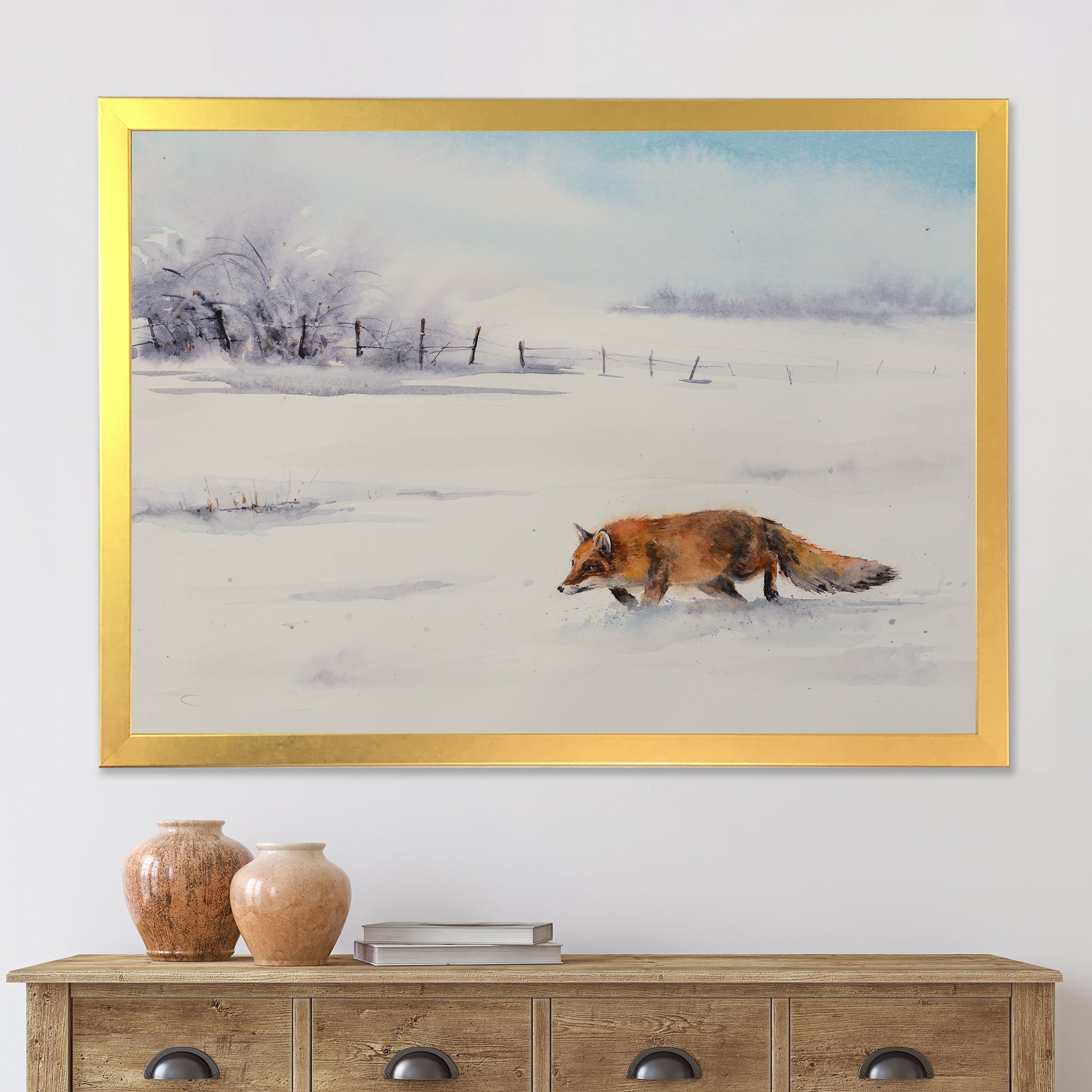Designart 'Red Fox Running In White Snow in Countryside I' Farmhouse Framed Art Print