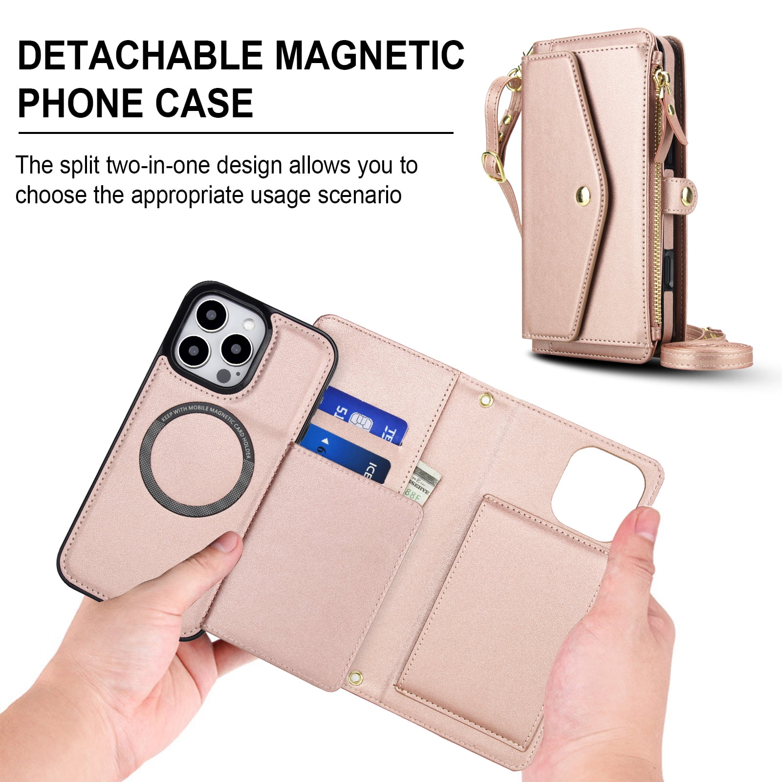 Dteck Crossbody Wallet for iPhone 15 Pro with Detachable Magnetic Phone Case, Compatible with MagSafe, RFID Blocking PU Leather Flip Cover Wrist Strap Zipper Card Holder Slots,Rosegold