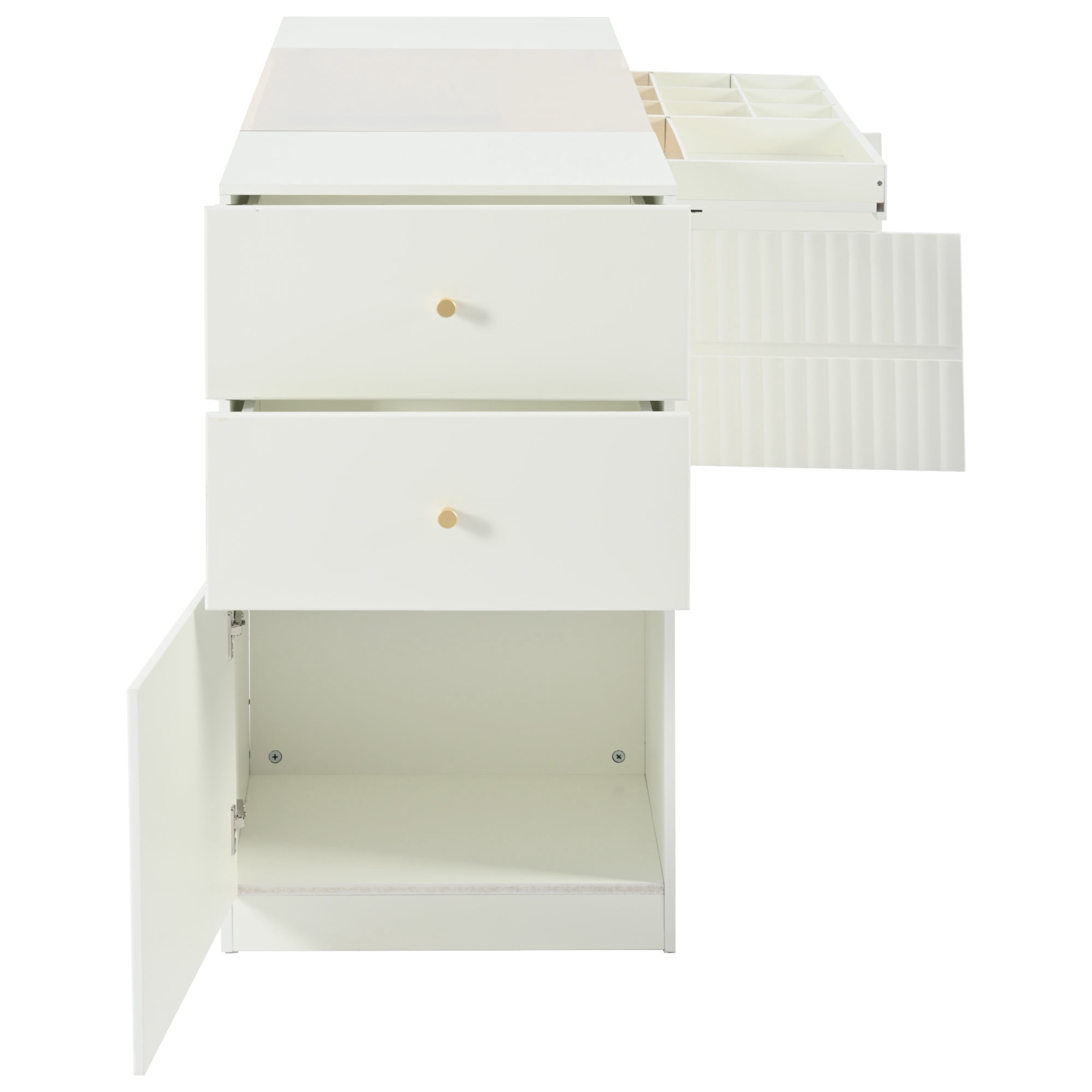 Vanity Dresser, Storage Cabinet, Island Dresser with Brown Glass Tabletop, 6 Drawers with Inner Grids, Gold Handles, Open Shelves, Cream White for Bedroom Walk In Wardrobe Closet