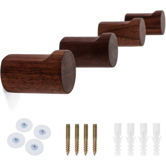 Wood Wall Hooks 4 Pack Coat Hooks Wall Mounted Solid Wooden Decorative Hat Hooks,Cloth Hanger for Hanging Hat, Towel, Coat, Backpack(Black Walnut Wood)