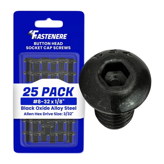 Fastenere Button Head Socket Cap Screws - 8-32 x 1/8" (25-Pcs) Alloy Steel, Fully Threaded, Fine Black Oxide Finish, Corrosion-Resistant, Machine Thread, Easy to Install w/ Allen Hex Drive