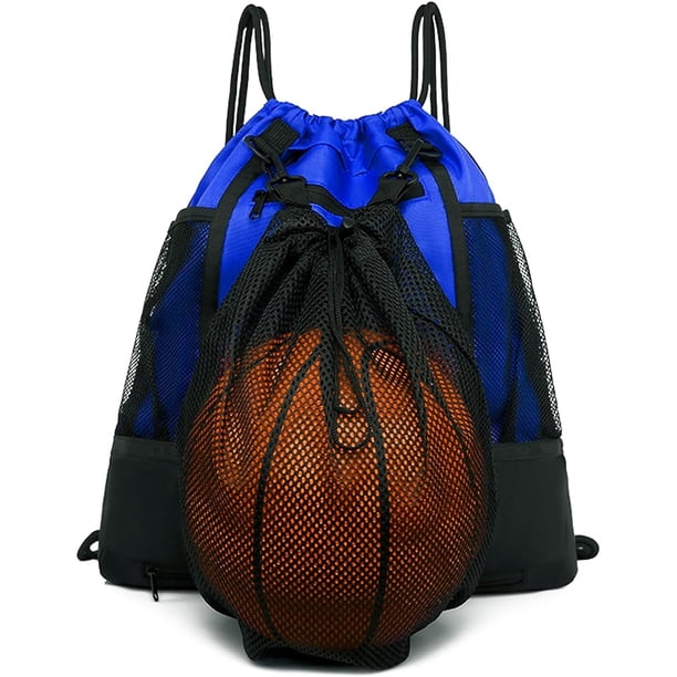Mochila de baloncesto con cordón para niños, mochila de fútbol plegable, bolsa de gimnasio, mochila deportiva con bolsa de malla de bola desmontable (azul)