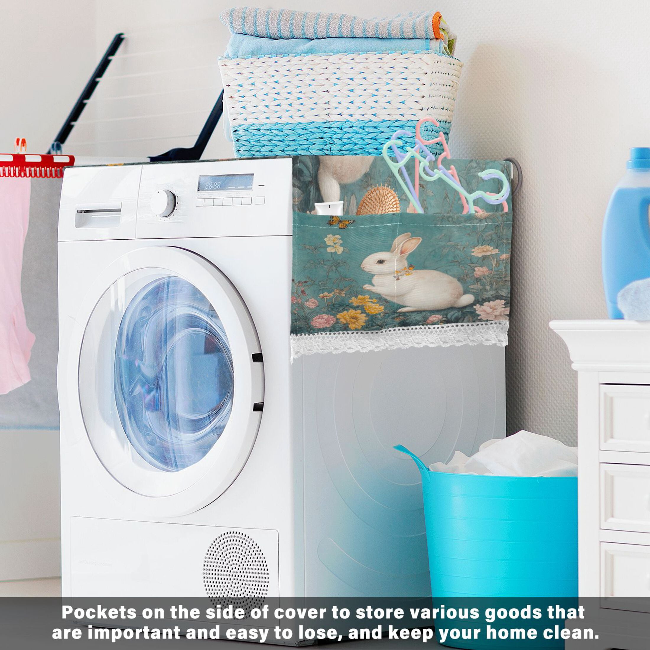 White Rabbit in Flower PatternWasher and Dryer Covers Dust-Proof and Oil Resistant Fridge Cover with 4 Storage Pockets Washing Machine Top Cover for Laundry Kitchen Home 51.2 x 22 In