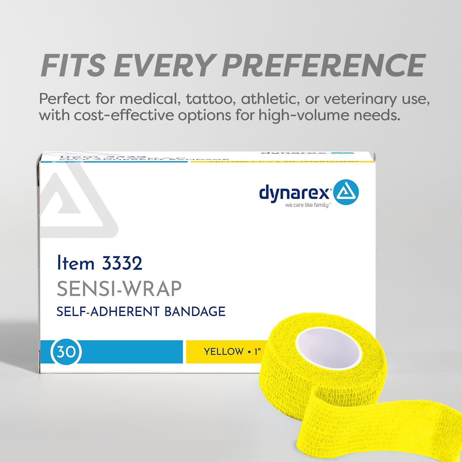 Dynarex Sensi-Wrap Self-Adhesive Bandages, 30-Pack, 1" x 5 yards, Yellow, Latex-Free, Colored Elastic Cohesive Athletic Tape, Tattoo Grip & Vet Wrap