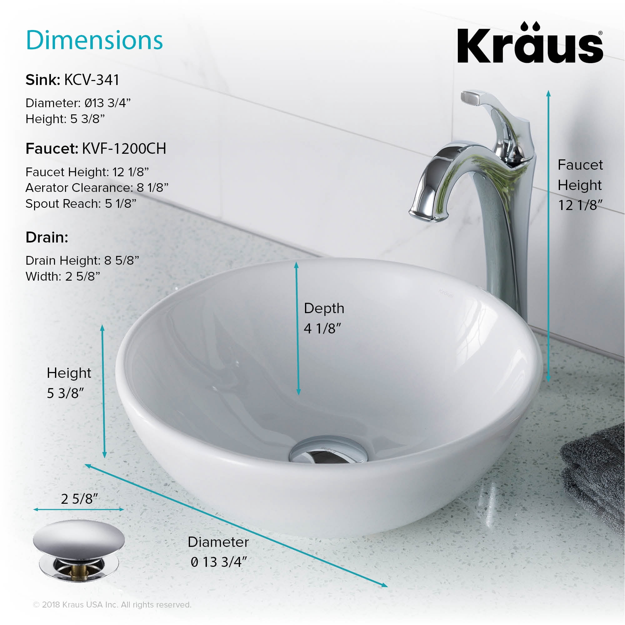 KRAUS Elavo 14-inch Round White Porcelain Ceramic Bathroom Vessel Sink and Arlo Faucet Combo Set with Pop-Up Drain, Chrome Finish