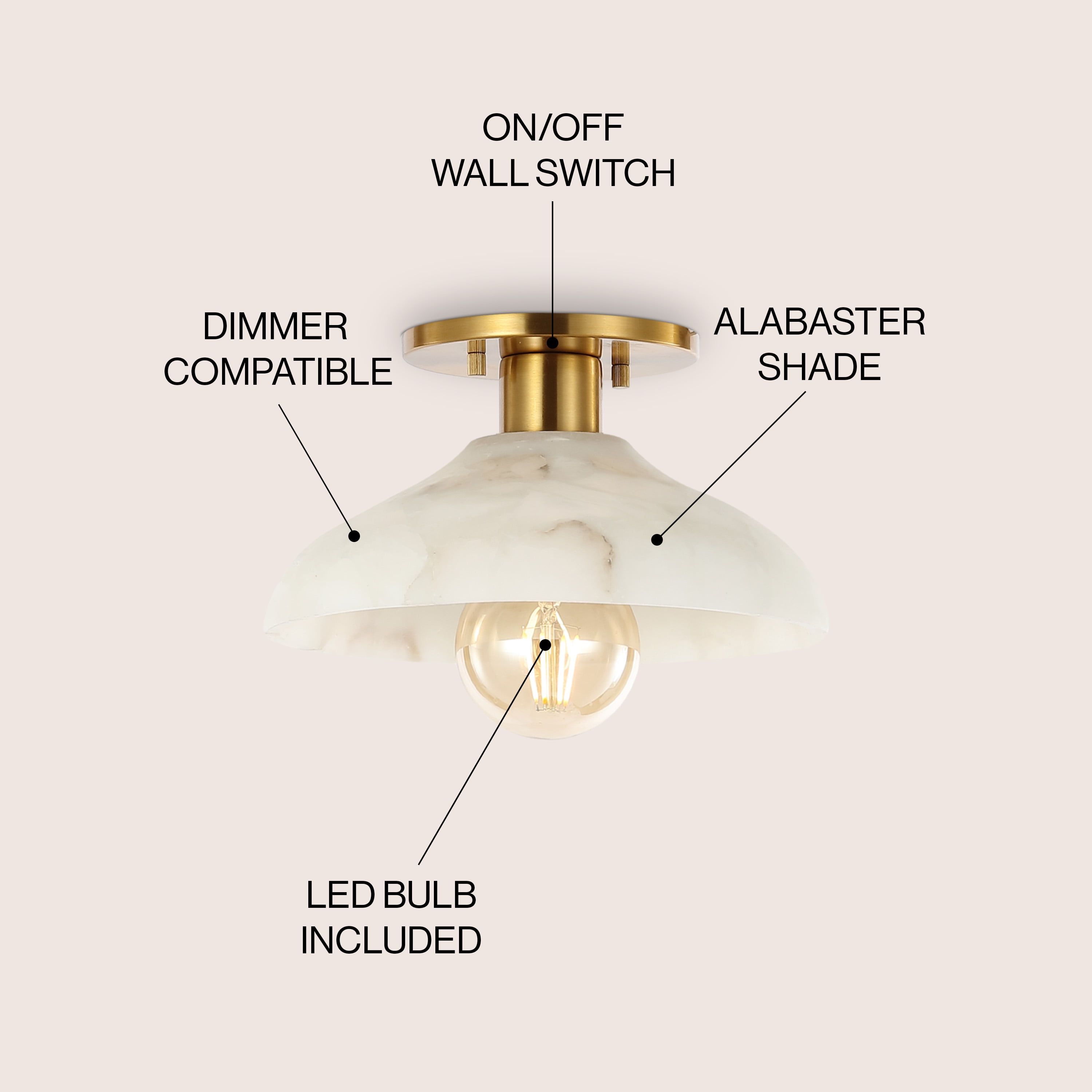 JONATHAN Y Amara 10" 1-Light Mid-Century Classic Alabaster/Iron LED Semi Flush Mount, White/Brass Gold