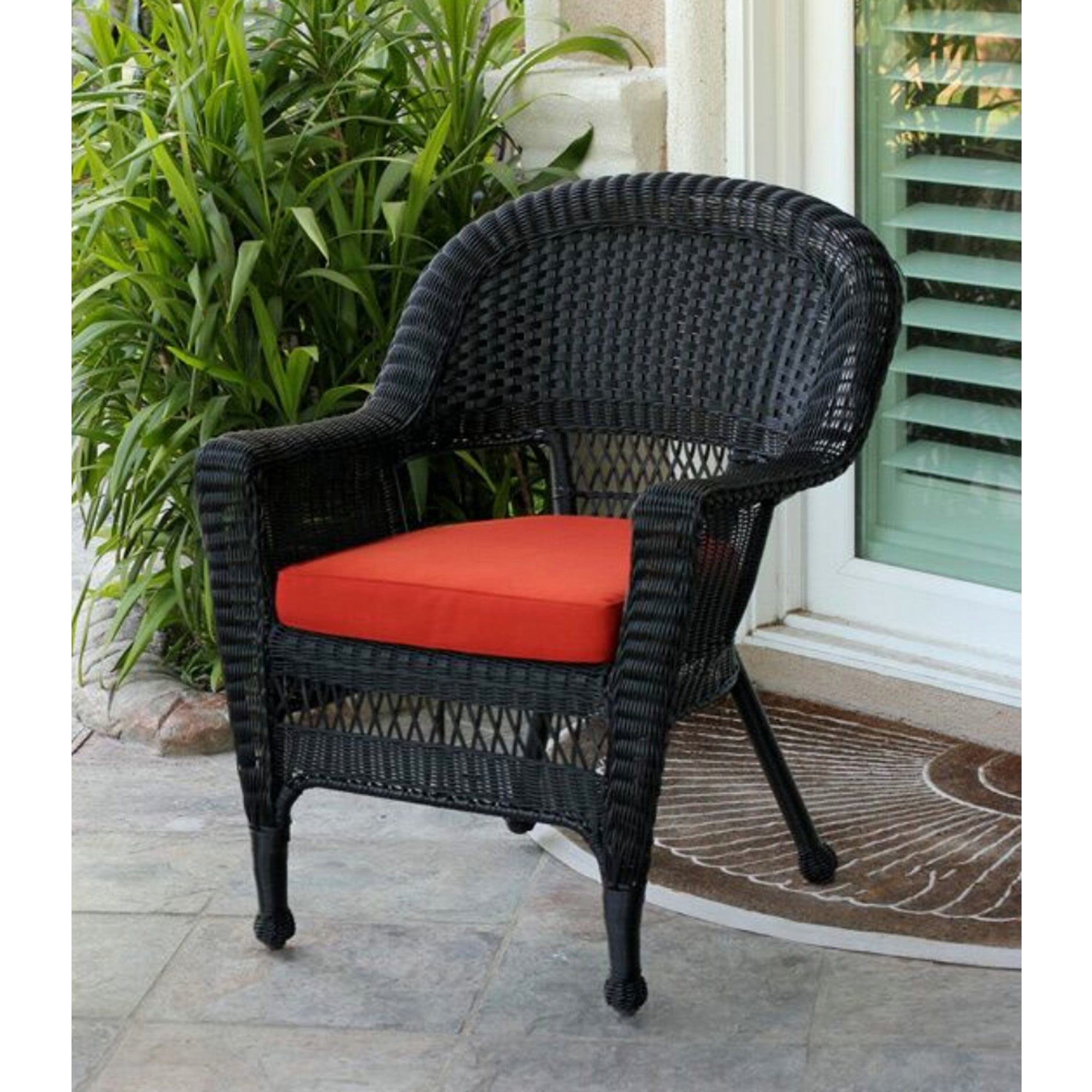 36" Black Resin Wicker Outdoor Patio Garden Chair with Red Orange