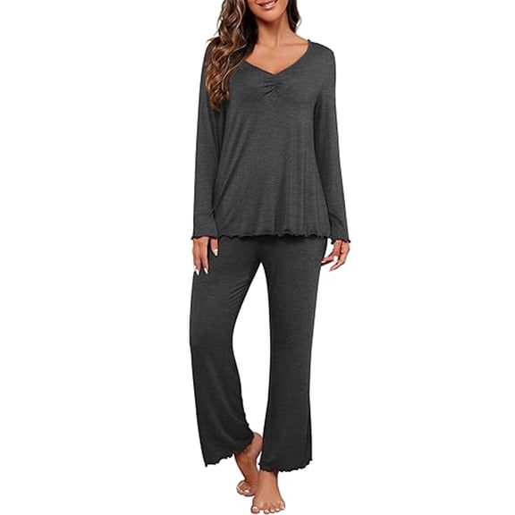 MecTo Pajamas for Women Sets Lady 2 Piece Solid V-neck Long-Sleeved suit Sleepwear Pj Set Women’s Day Gift