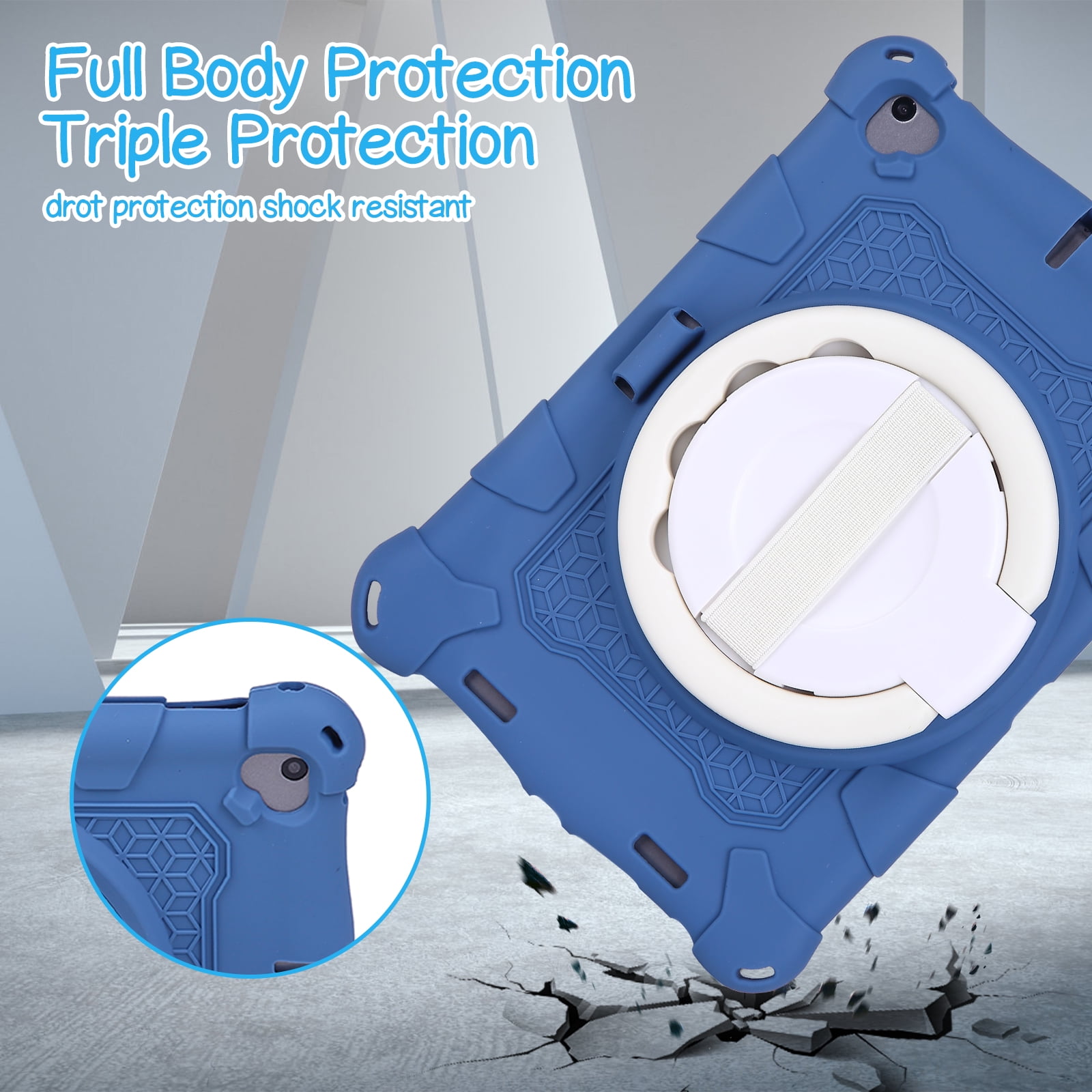 For iPad 6th 5th Generation Case, Soft Silicone Drop Protection Rotating Kickstand with Shoulder Strap Pencil Holder Kids Friendly Lightweight Case for iPad Air 1 2/ iPad 9.7" 2018/2017, Darkblue