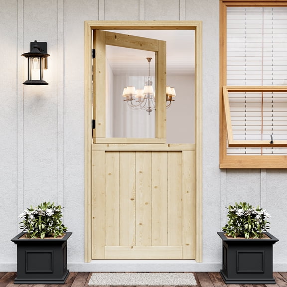 36''x80''Slab Only, Unfinished Dutch Door, 1 Lite Half Clear Glass Split Single Door Slab Natural Pine Wood