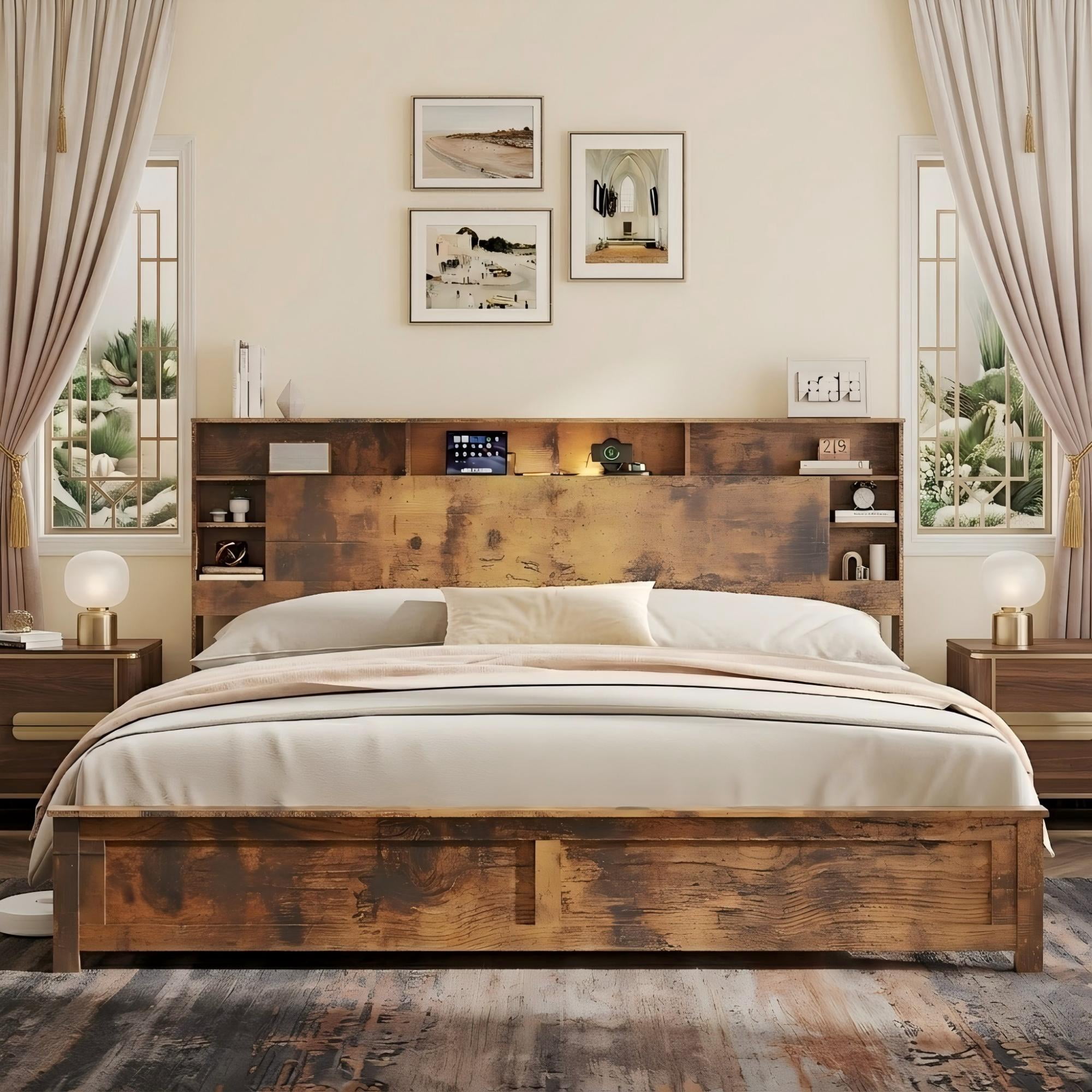 Aukfa King Size Bed Frame with Charging Station, Storage Headboard & LED Lights, Farmhouse Wood Platform Bed, Brown