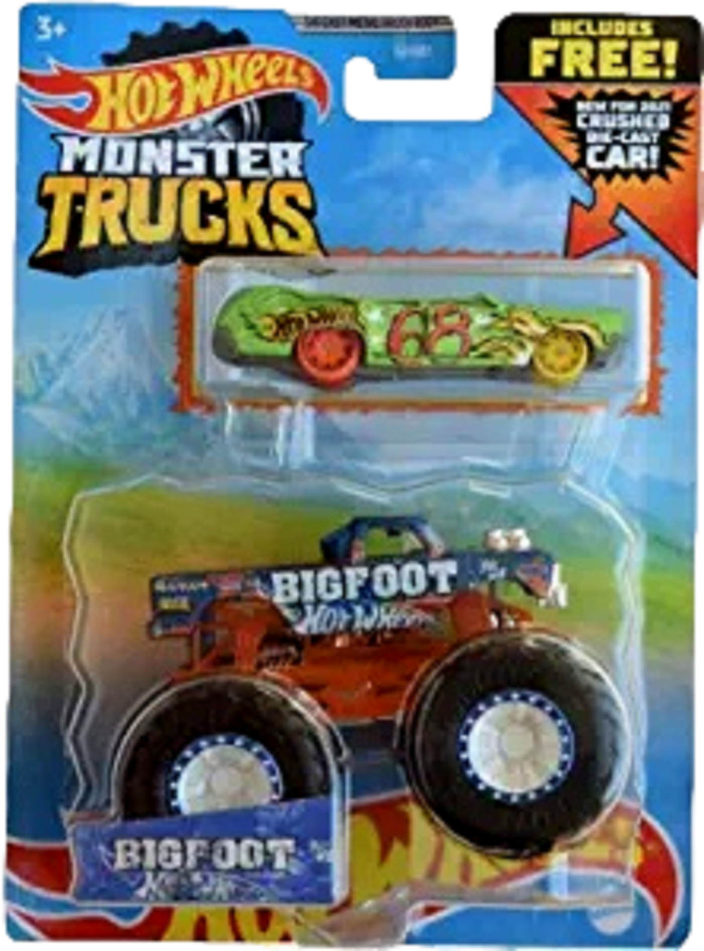 Hot Wheels Bundle of 2 Exclusive Monster Trucks (1:64 Scale) Includes:  BigFoot (with crushed die-cast car) and Bone Shaker (with re-crushable car)  For 