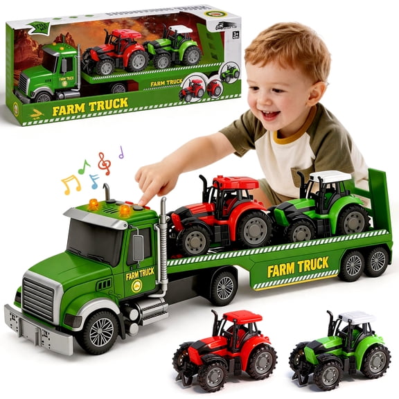 Caunedy 3 in 1 Farm Vehicle Toys Set,27" Large Semi Truck with 2 Tractors,Friction Powered Cars Toy Gift for 3-8 Years Old Boys Girls