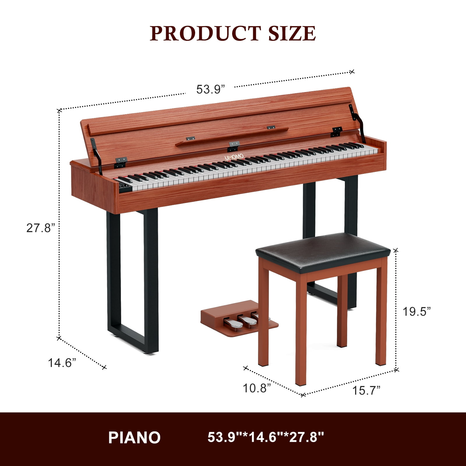 UMOMO 88 Weighted Key Digital Piano with Metal Stand, Beginner Keyboard Piano with Piano Bench, Full Size Heavy Hammer Weighted Action Electric Piano Keyboard with USB MIDI, Brown