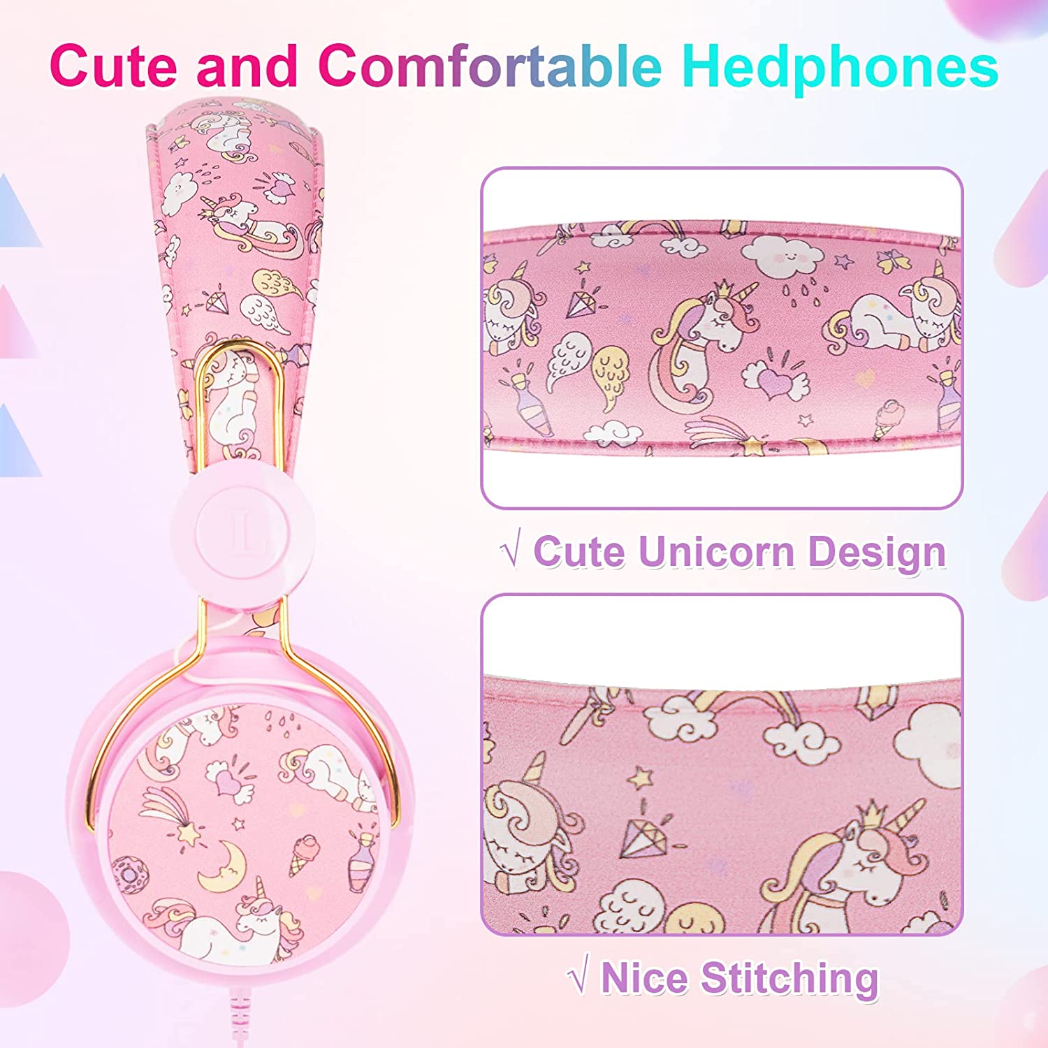 TCJJ Unicorn Kids Wired Headphones with Volume Limiting, Pink photo 3