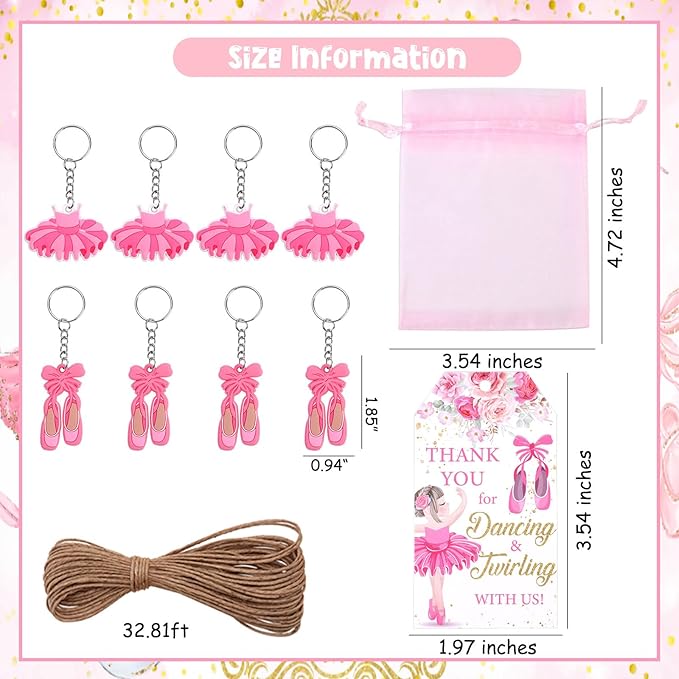 Serencatcher Ballerina  Favors, 90pcs Ballet  Favors Baby Shower Birthday Bags Filler Ballerina Tutu Shoes Keychains Thank You Tags Pink Organza Bags for Ballerina Baby Shower Birthday