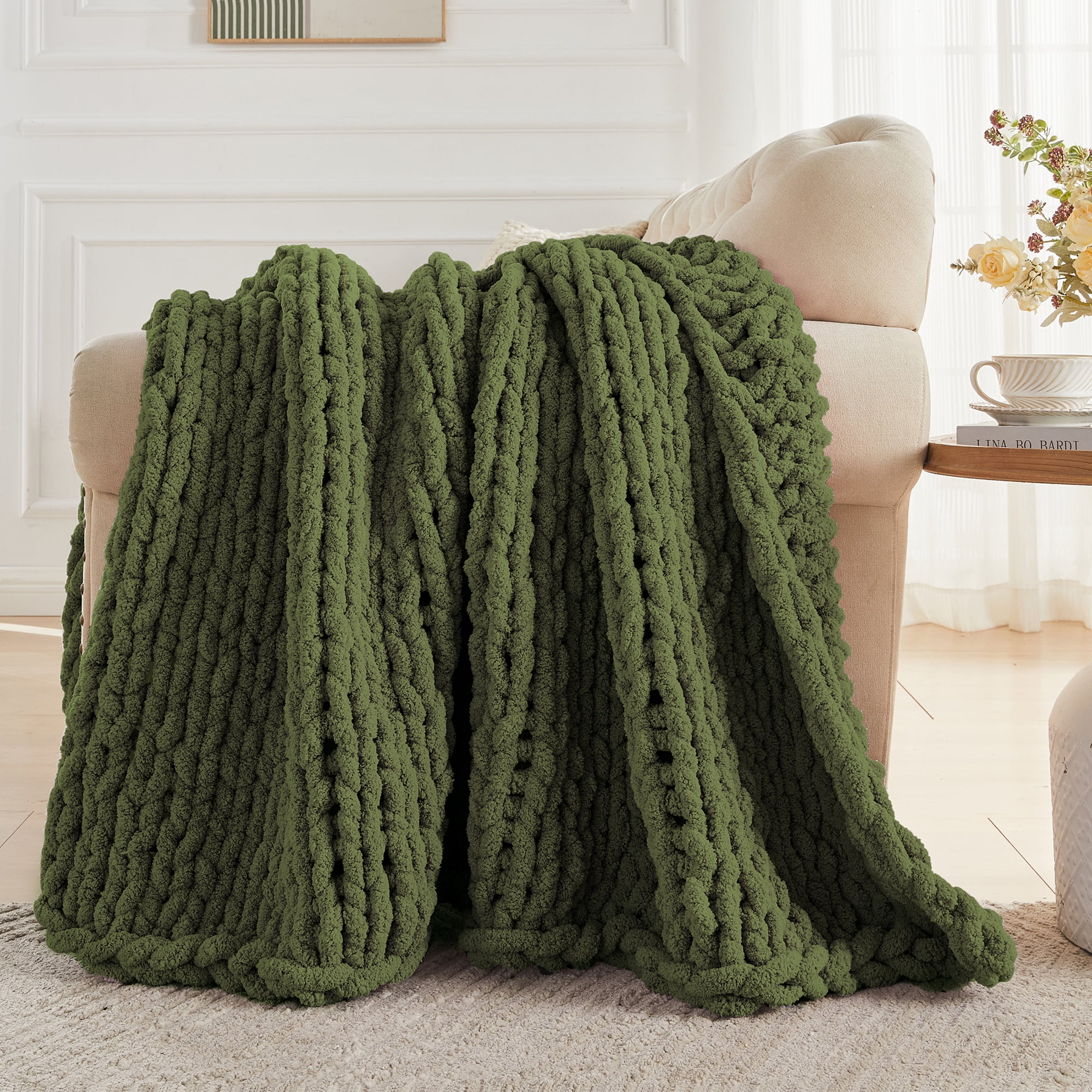 Carriediosa Chunky Knit Throw Blanket Handmade Soft Throws for Couch Sofa Bed, 50" x 60" Olive Green