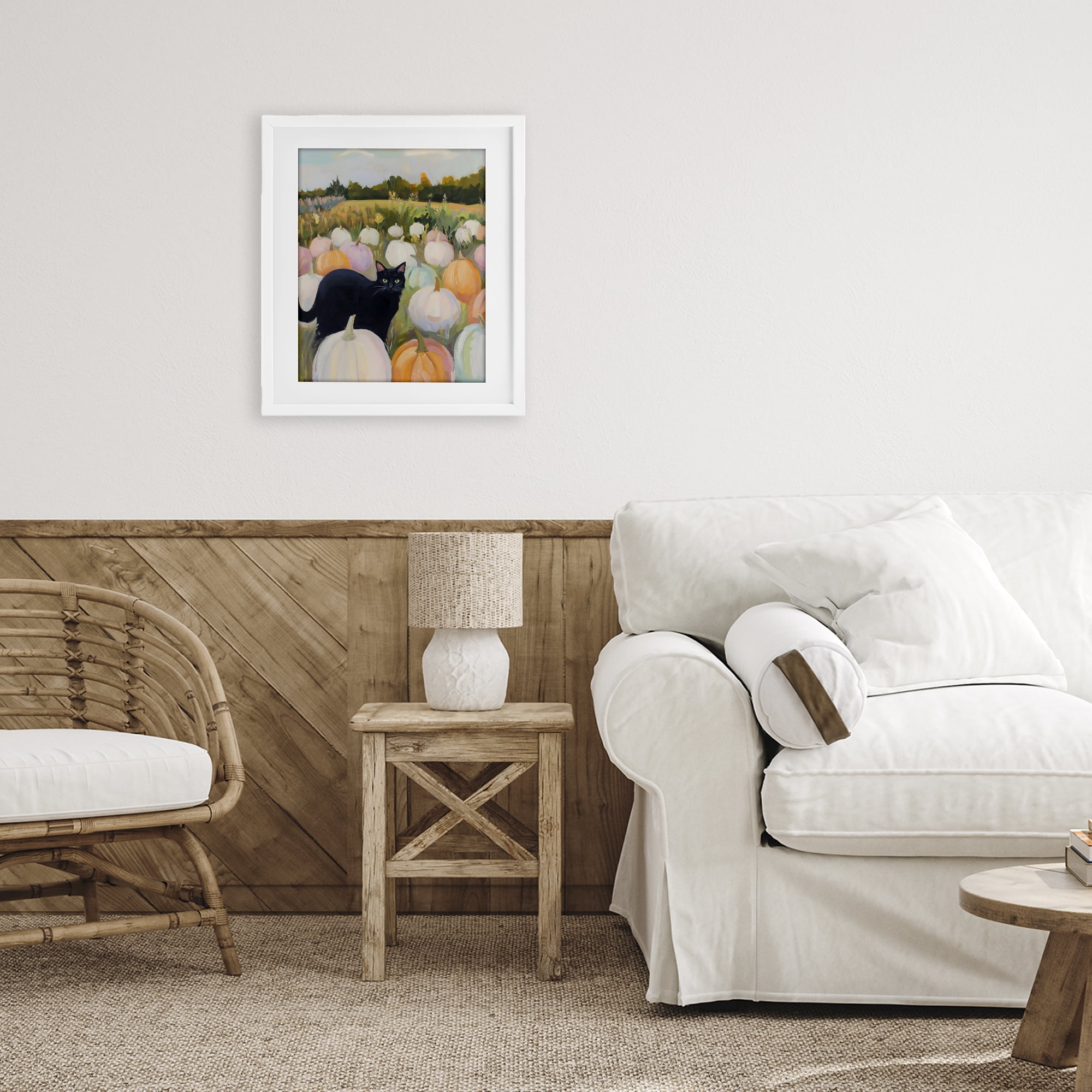 Stupell Industries Kitten & Pumpkins in Field White Framed Print Under Glass, design by The Prints Vibe