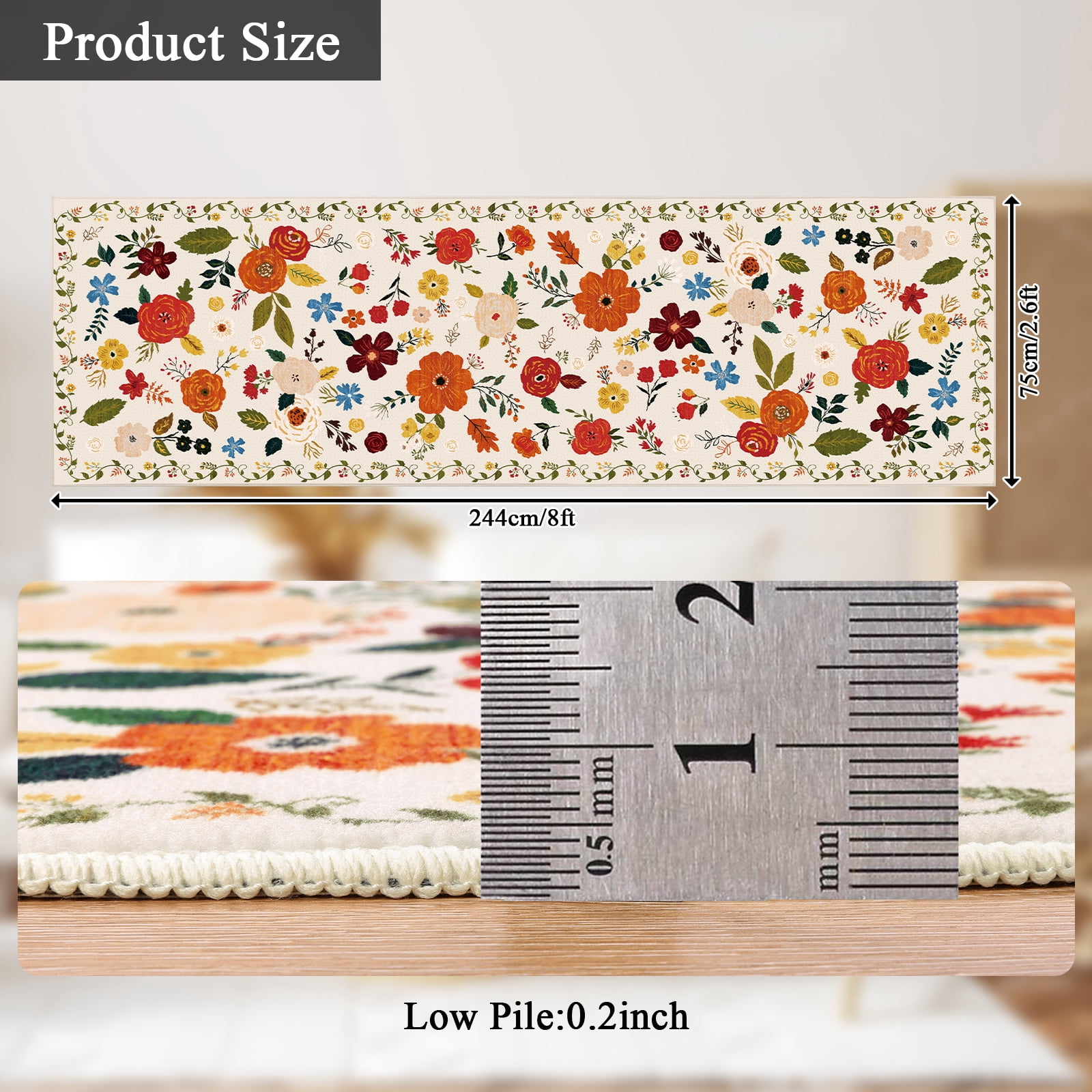 2'6''x 8' Boho Runner Rug for Hallways, Soft Non Slip Washable Runner Rug Floral Floor Carpet Runner Rug for Entryway Laundry Room Bathroom