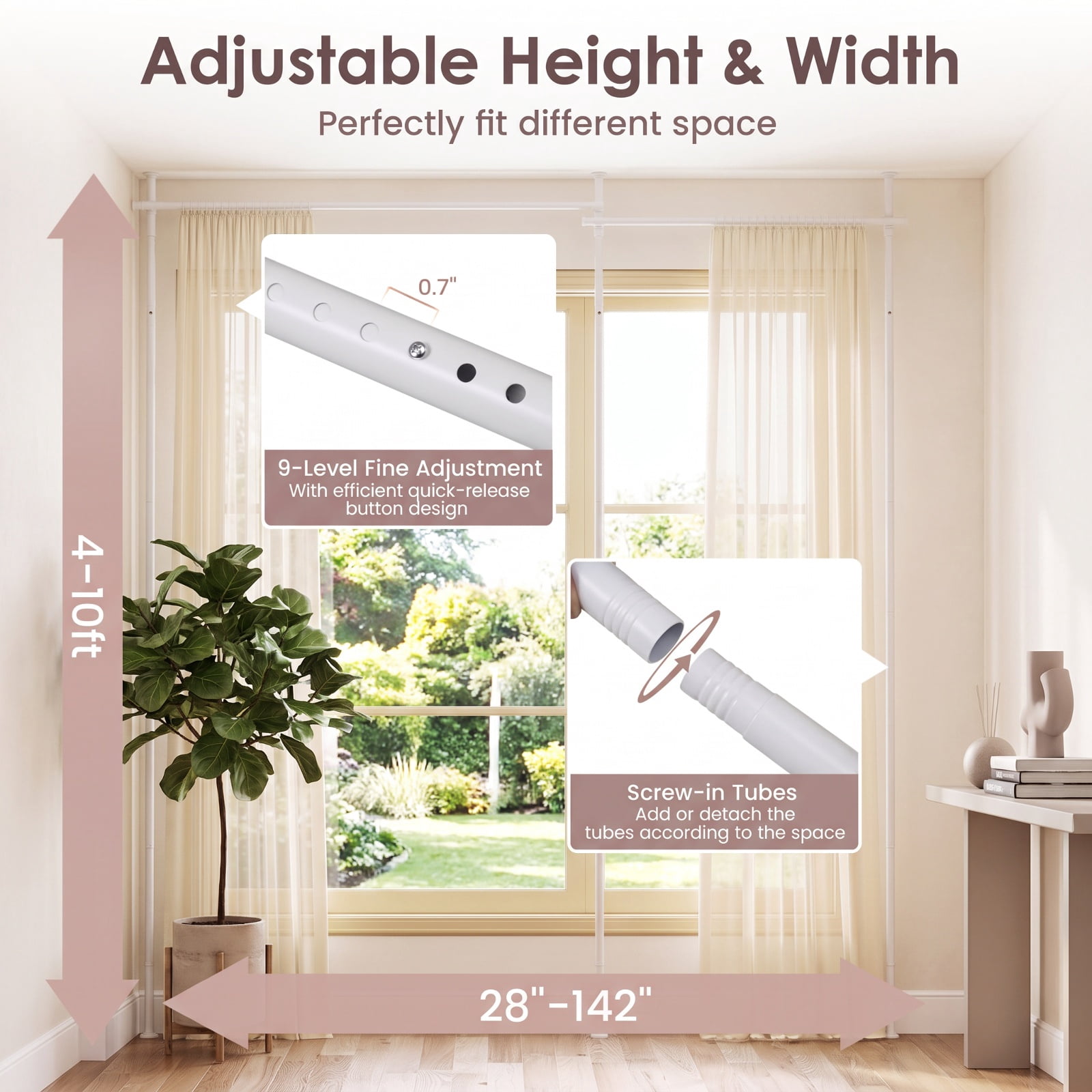 Vebreda Room Divider Curtain Rod with Adjustable Floor to Ceiling Tension Rod, NOTE, Drill-Free Setup, Flexible Sizing, Heavy-Duty Support