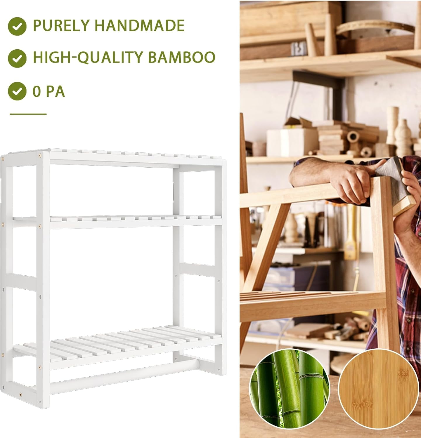 Bamworld Bathroom Shelves Bathroom Organizer Adjustable 3 Tiers Bamboo Floating Shelf over the Toilet Storage with Hanging Rod (White)