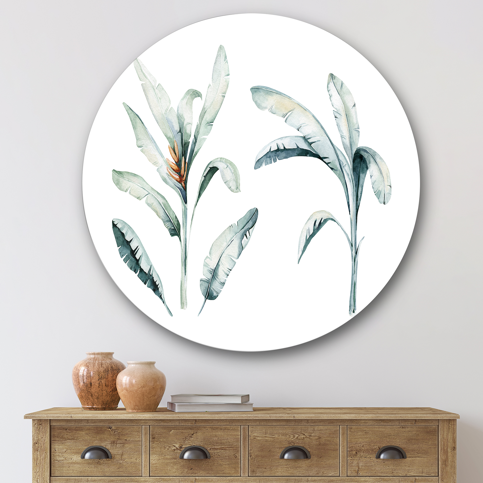 Designart 'Tropical Jungle Leaves On White' Bohemian & Eclectic Circle Metal Wall Art 29x29 - Disc of 29