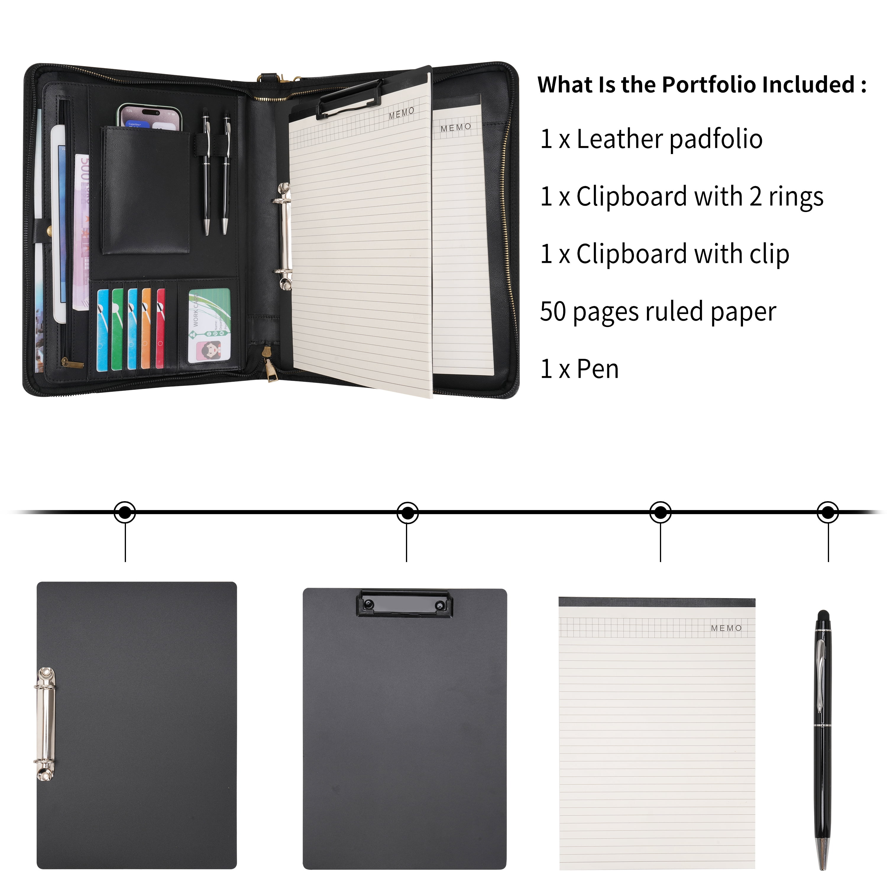 Wason A4 Portfolio with Zipper - Leather PU Padfolio with Detachable Ring Binder and Writing Notepad Holder, Conference File Multi-Pockets Organizer for Office Travel School (Black)