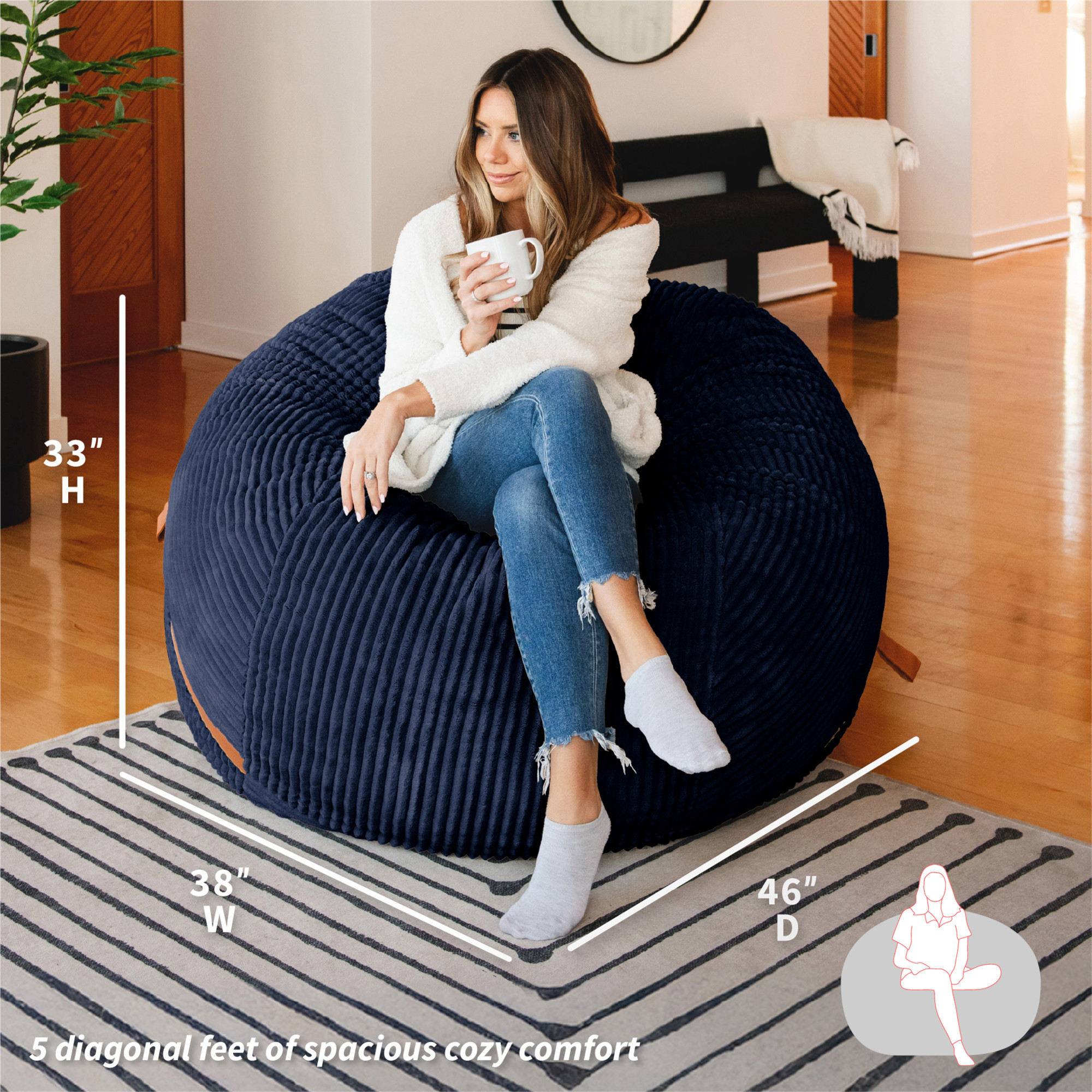 Big Joe Fuf 5Ft Oversized Foam Bean Bag Chair for Kids, Teens, Adults, Midnight Blue, Corded Plush, 5 foot Large Reading and Gaming Seat