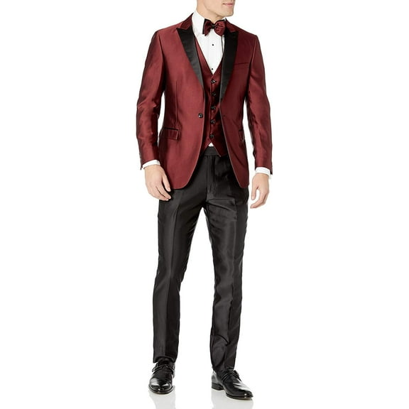 Adam Baker by Needle & Stitch Mens Tux-Shark 3-Piece Slim Fit Tuxedo Suit Set - Burgundy - 40R