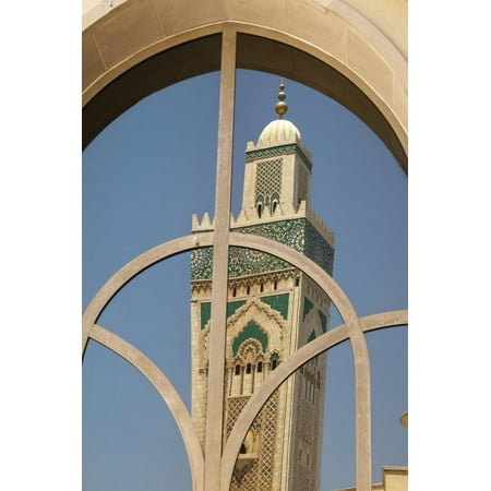 Africa, Morocco, Casablanca. the Minaret of Hassan Ii Mosque Is Reflected in a Window Print Wall Art By Brenda