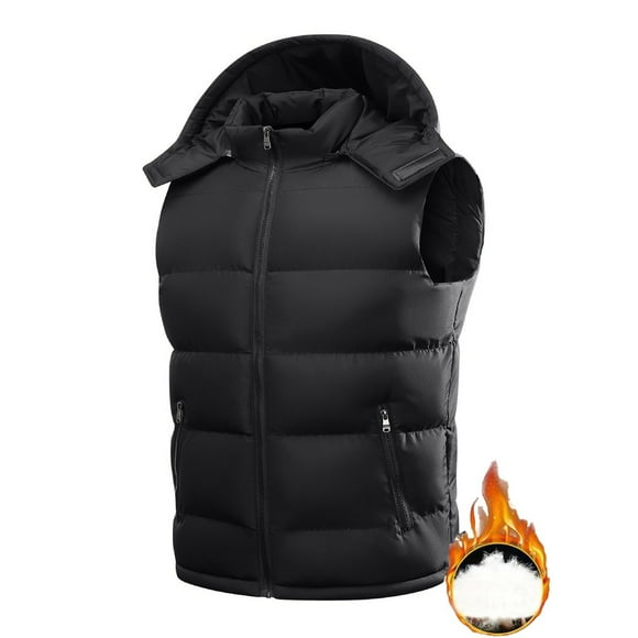 Leodye Men's Hooded Cotton Vest Sleeveless Zip Up Jackets Coat Lightweight Quilted Gilet with Pockets Black L(L)