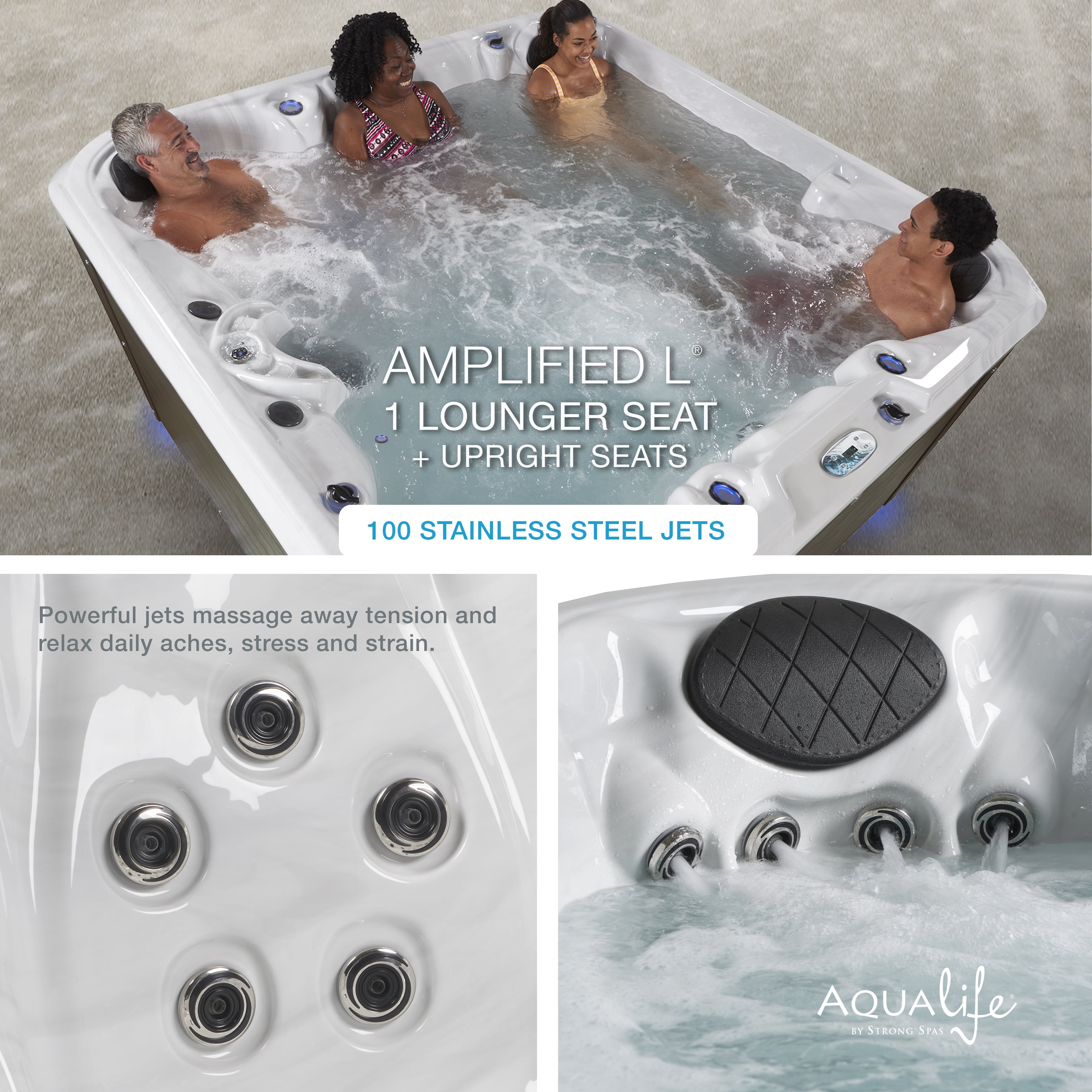 Amplified 100-Jets 7-Person Lounger Spa w/Bluetooth Stereo and 3 Pumps by Aqualife by Strong Spas