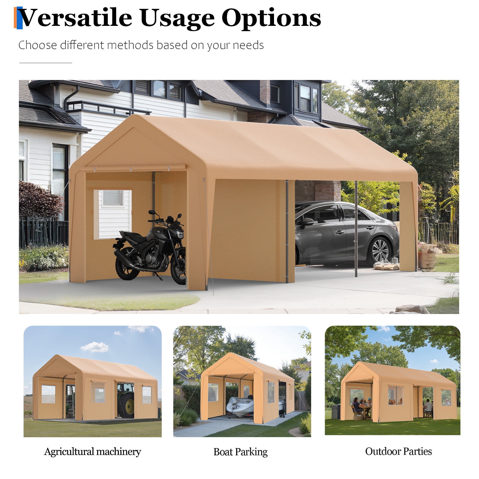 All-Season 13' x 20' Heavy Duty Portable Outdoor Garage Carport with Mesh Windows,Khaki