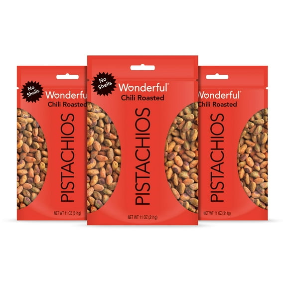 Wonderful Pistachios No Shells, VTF5 Chili Roasted Nuts, 11 Ounce Bag (Pack of 3), Protein Snacks, Gluten Free, Healthy Snacks for Adults