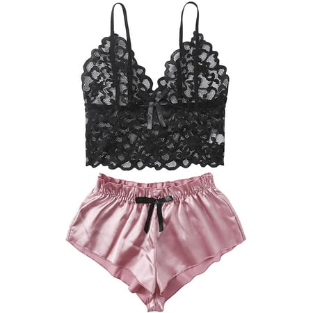 

Women s Lace Cami Top with Shorts with Panties 2 Piece Set Sexy Lingerie Pajama Set