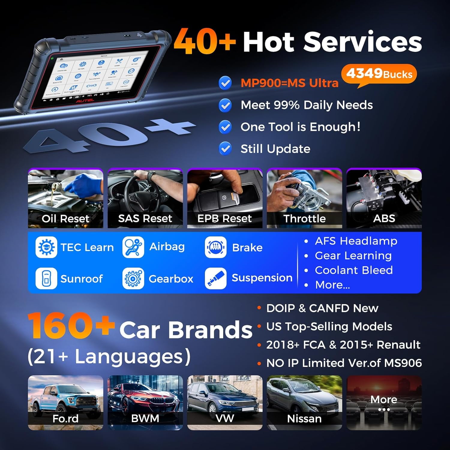 Autel MaxiPRO MP900 Scanner, 2026 Newer of MP808BT PRO MP808S MK900 MX900, Function as MP900BT MS906 PRO MS906 MAX, Bidirectional Diagnostic Scan Tool, 3000+ Active Test, 40+ Service, CAN FD &DOIP