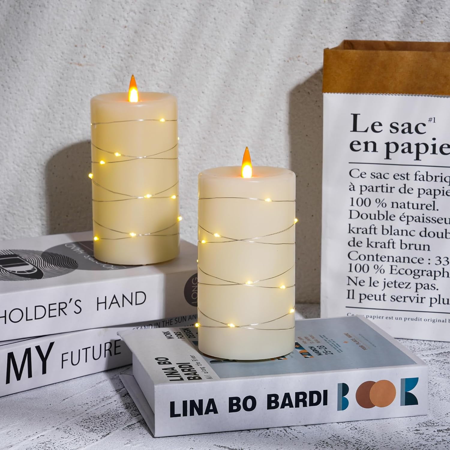 ZM Rechargeable Flameless Candles, LED Candles, Candles with Remote and Timers, Real Wax Pillar Candles, with Flickering Embedded Star String，Ivory White, Set of 2