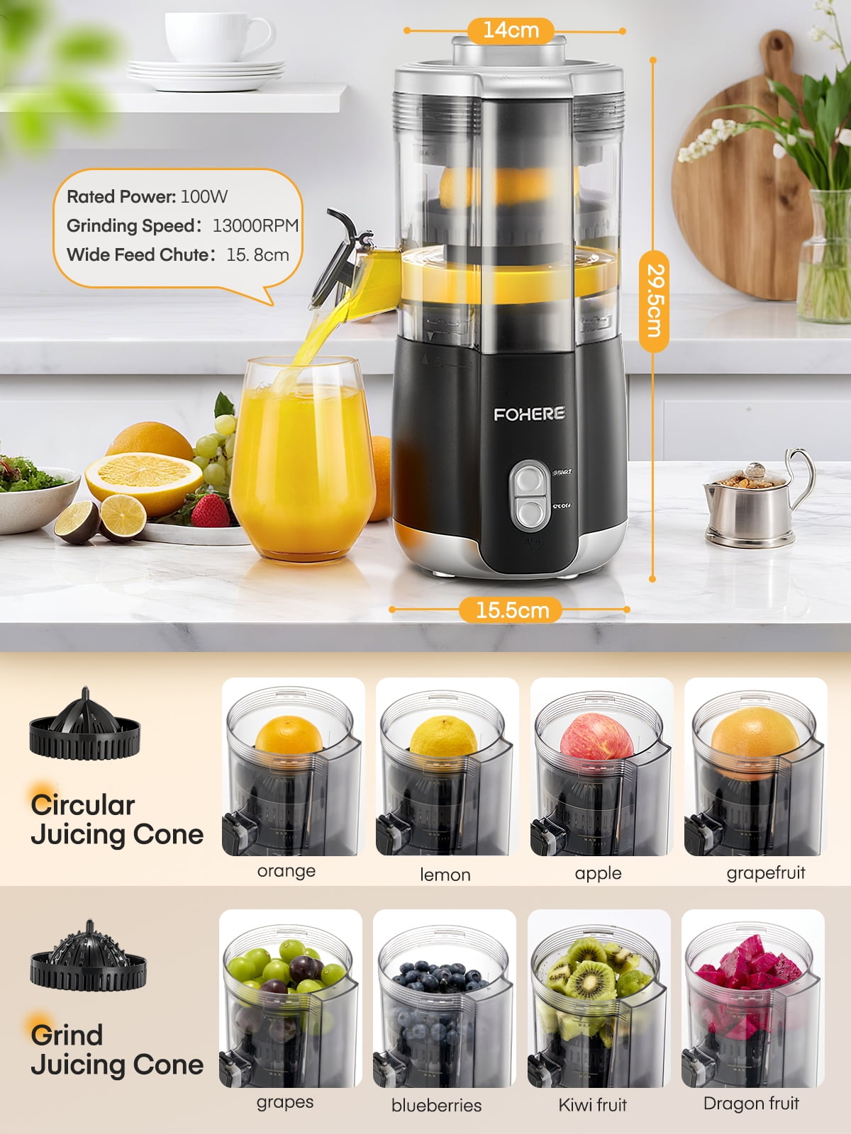 FOHERE Citrus Juicer Electric, Hand-Free Orange Juicer Machine with 2 Interchangeable Cones, ideal for Orange, Lemon, Grape, Pomegranate