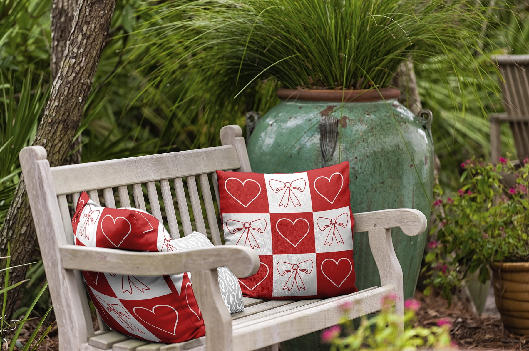 20" x 20" Simply Daisy Sweet Bows and Hearts Polyester Indoor/Outdoor Pillow, Orange Red Qty 1