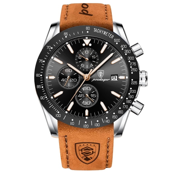 Men's Fashion Stainless Steel Watches Date Waterproof Chronograph Wristwatches,Genuine Leather Strap Waterproof Watch