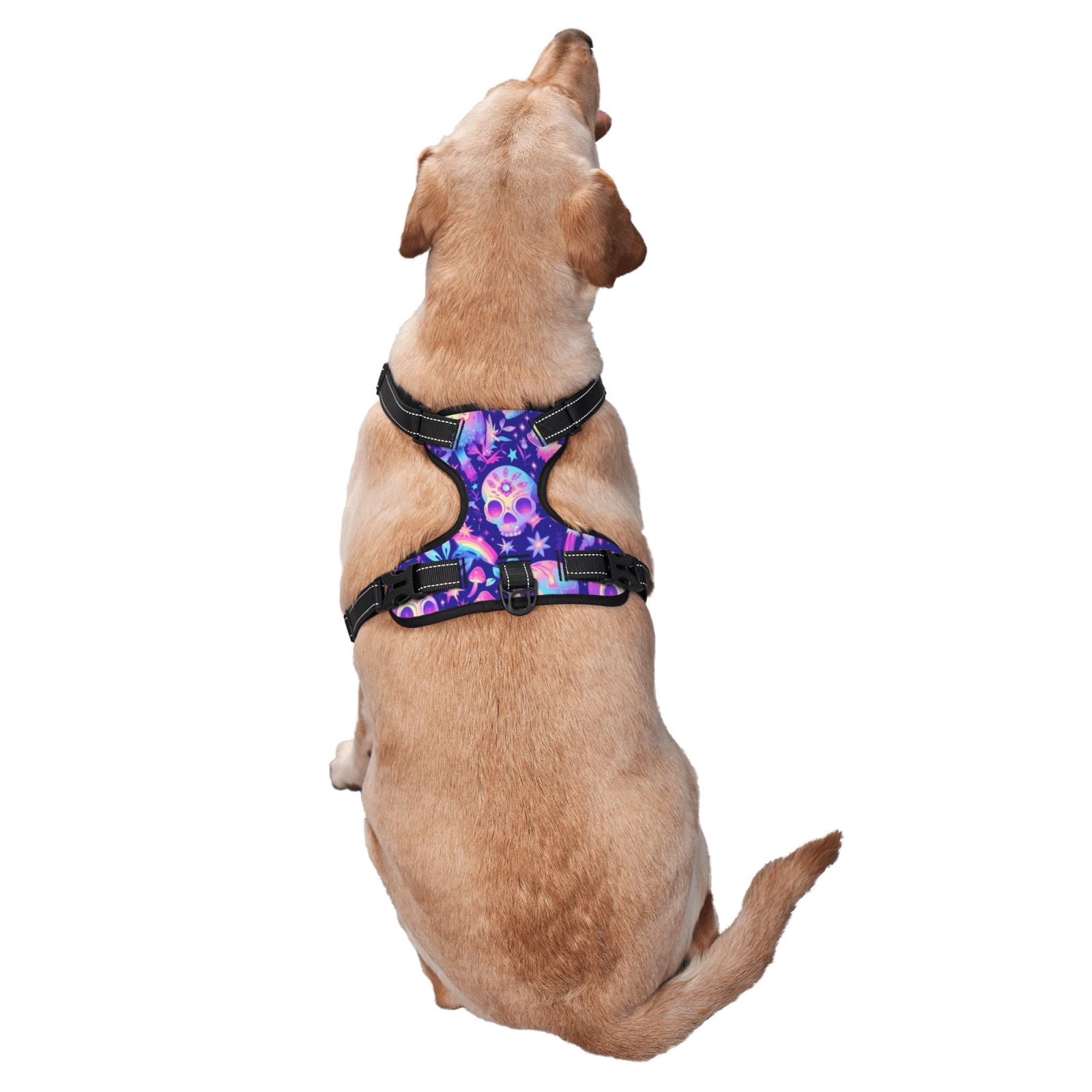 Vsdgher colorful mushroom Skull rainbow Pattern Dog Harness,No Pull Pet Harness with Soft Padded Handle,Adjustable Reflective Vest with 2 Buckles,4 Slide Buckles,S-XL Small