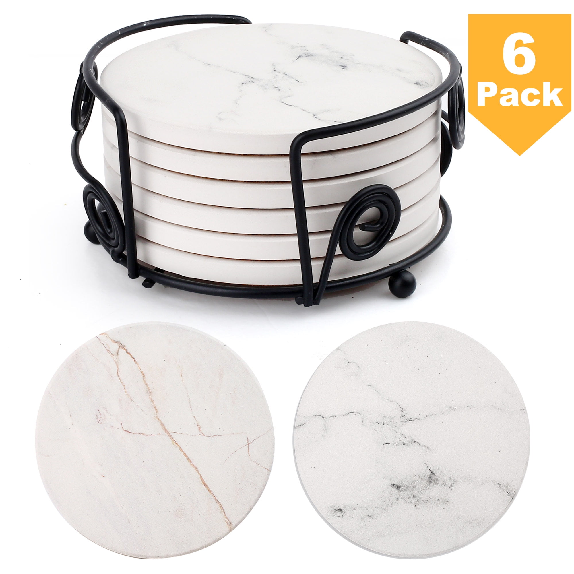 Coasters for Drinks, 6PCS Round Marble Absorbent Coasters with Metal Holder, Ceramic Surface