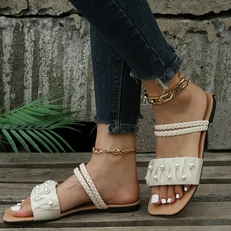 

NEGJ Sandals For Women Fashion Casual Lightweight Falt Sandals Slippers Pearl Decoration Shoes
