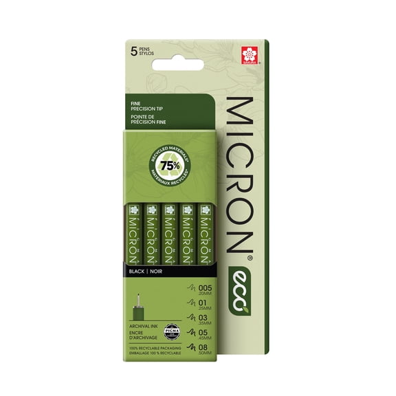 Sakura Pigma Micron ECO Fineliner - Fineliner Pen Set for Fine Detail Work, Sketching & Illustration - Archival Ink - Precision Tip - Professional Quality - Black - 5 Count
